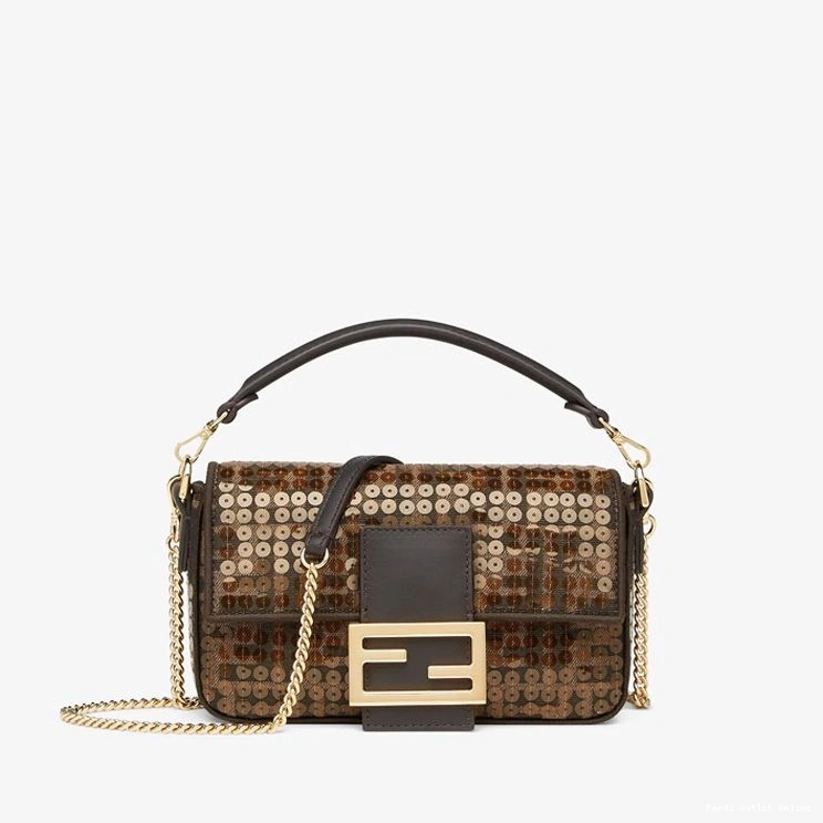 Cheap In Mini Brown with Motif Bag Fabric Baguette Sequins FF Fendi 0813